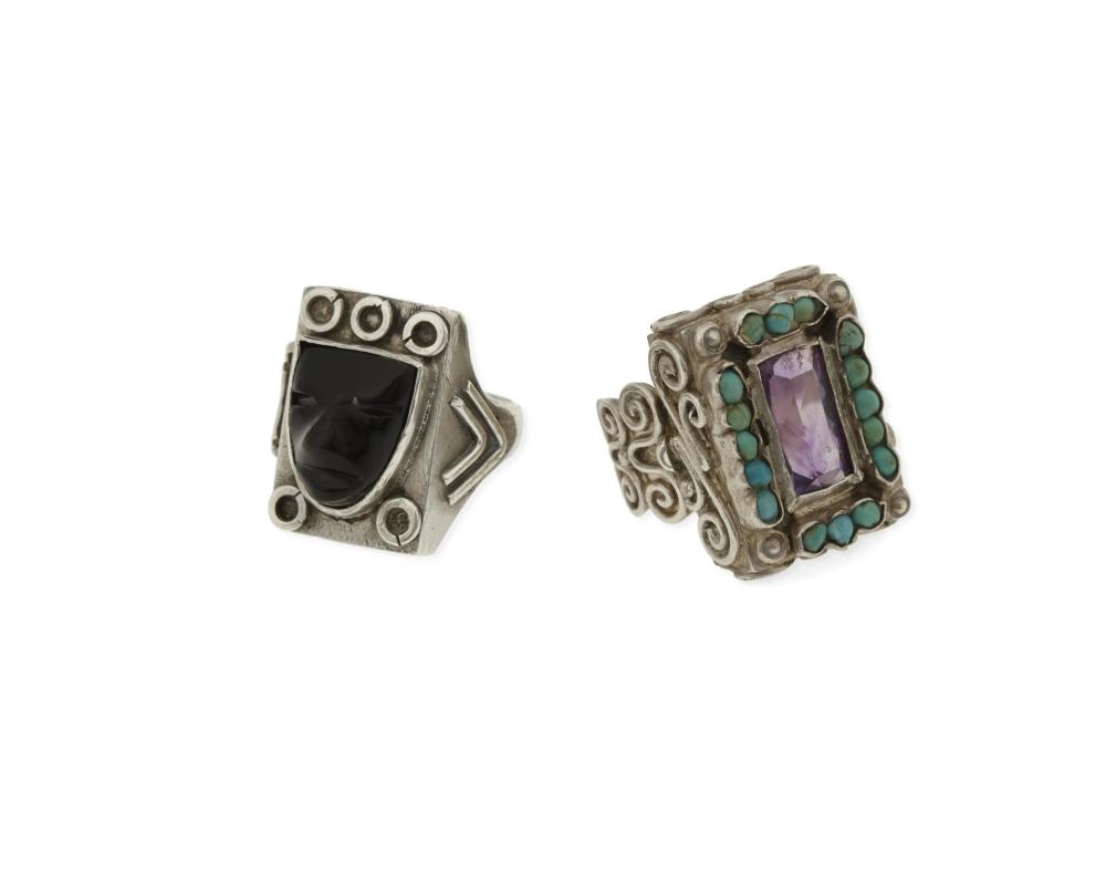 TWO MATL-STYLE SILVER AND GEM-SET