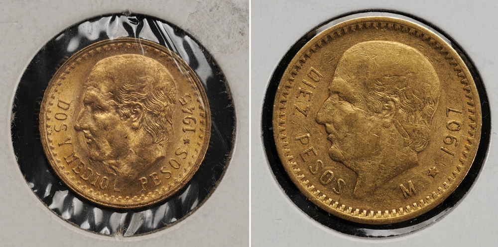 Two Mexican Gold Coins 5 pesos,