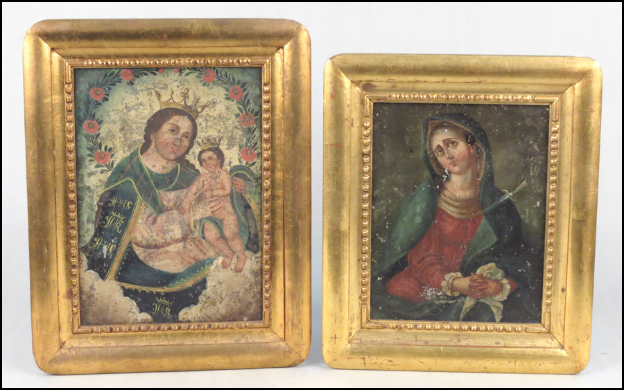 TWO MEXICAN PAINTED TIN RETABLO.