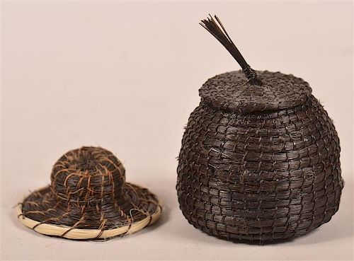 TWO MINIATURE HORSE HAIR BASKETRY