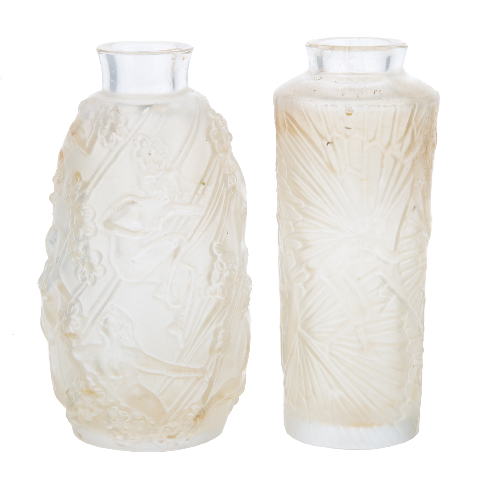 TWO MINIATURE LALIQUE GLASS VASES
