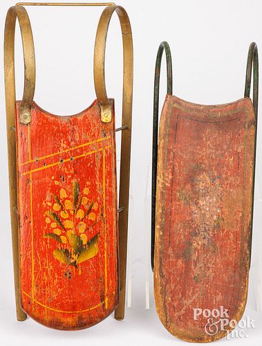 TWO MINIATURE PAINTED PINE SLEDS,