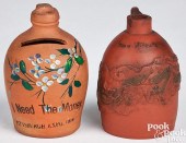 TWO MINIATURE REDWARE JUGS, EA