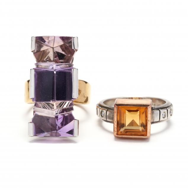 TWO MIXED METAL AND GEM-SET RINGS