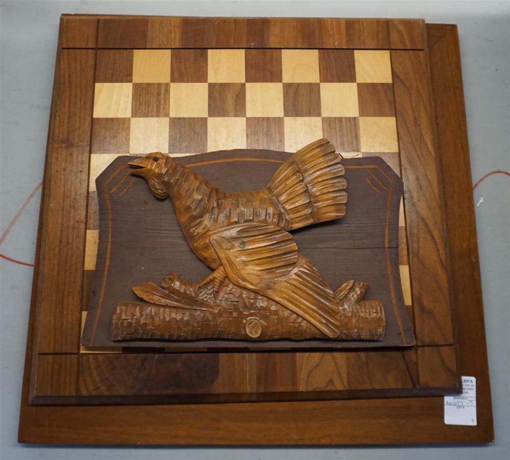 TWO MIXED WOOD GAME BOARDS AND A
