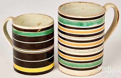 TWO MOCHA STRIPED MUGS, 19TH