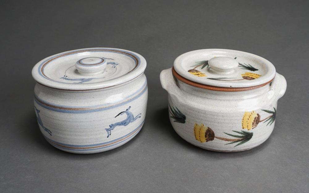 TWO MONTANA STONEWARE POTS (ONE LID