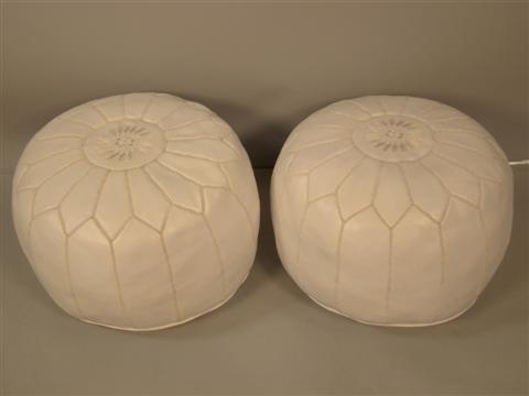 TWO MOROCCAN WHITE LEATHER POUFFS