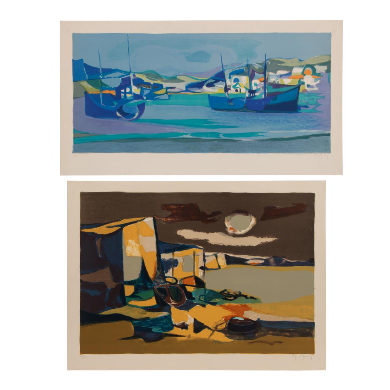 TWO MOULY UNFRAMED PRINTS, BOATS