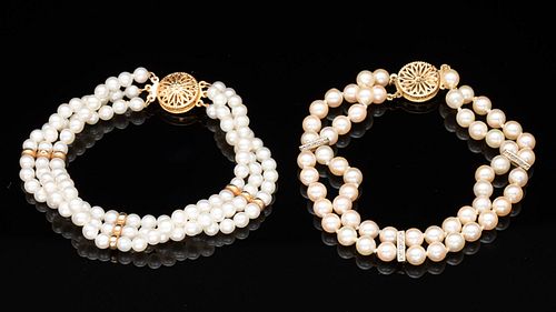 TWO MULTI-STRAND PEARL AND 14K GOLD