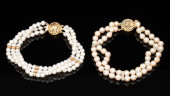 TWO MULTI-STRAND PEARL AND 14K