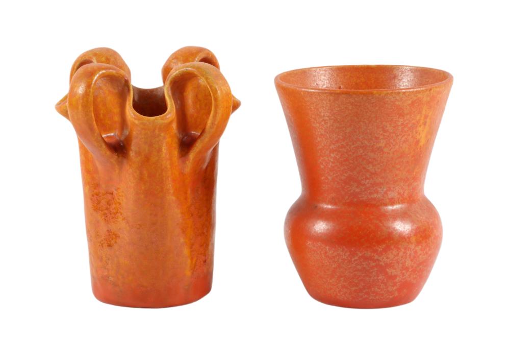 TWO MUNCIE ORANGE PEEL VASES, 7”