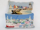 TWO NEEDLEPOINT PILLOWS, "RAIN