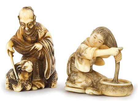 Two Netsuke: Washing Hair and