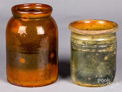 TWO NEW ENGLAND REDWARE CROCKS,