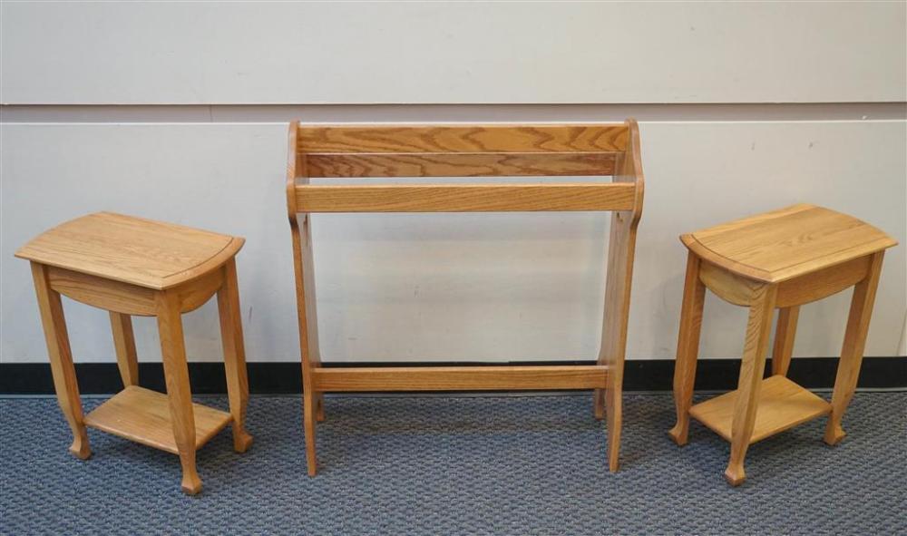 TWO OAK END TABLES AND A QUILT