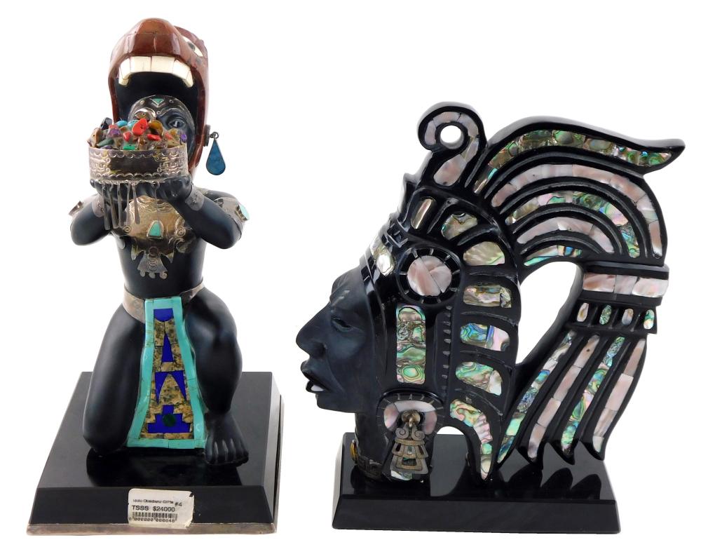 TWO OBSIDIAN CARVED WARRIOR
