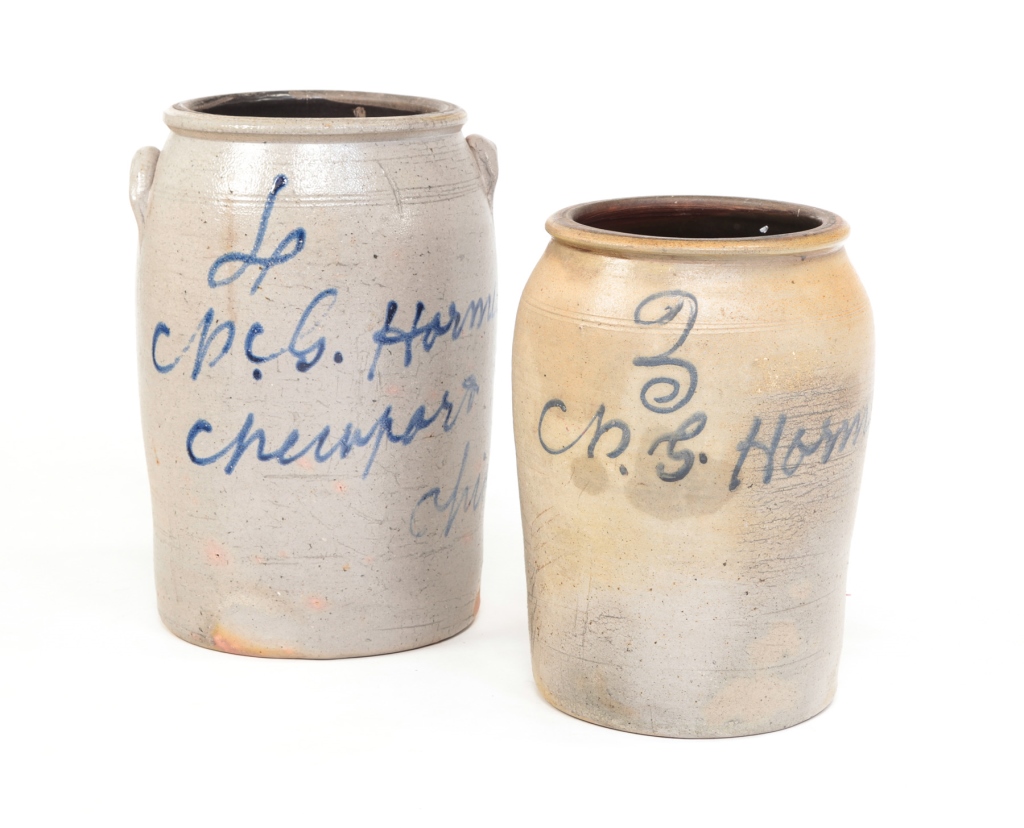 TWO OHIO STONEWARE CROCKS.