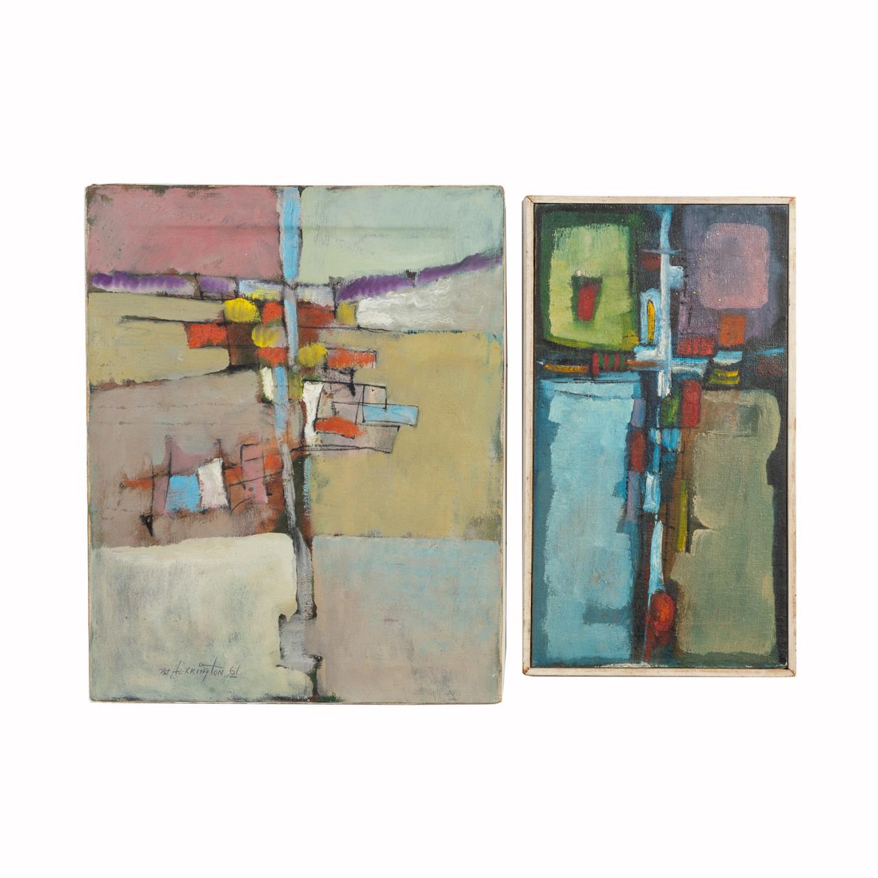 TWO OIL ON CANVAS ABSTRACT WORKS BY