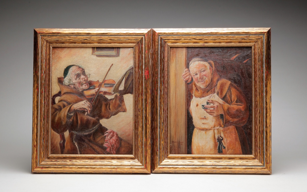 TWO OILS ON CANVAS OF MONKS.