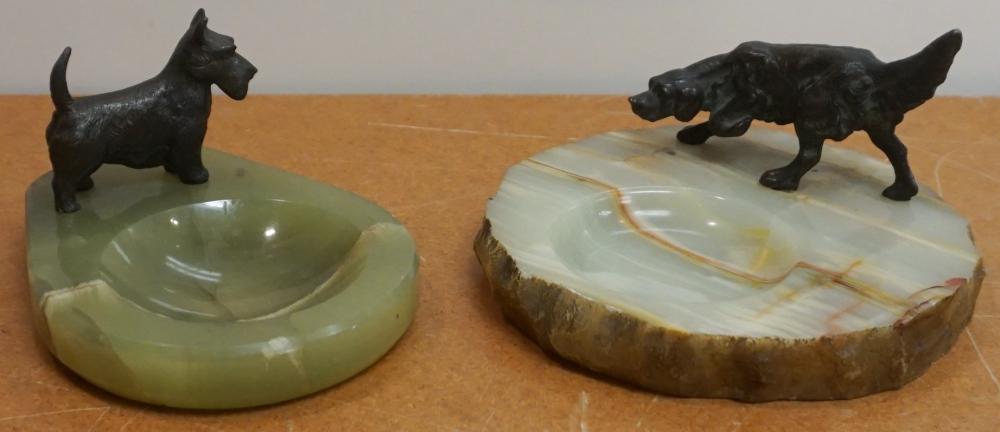 TWO ONYX ASHTRAYS WITH METAL DOG