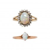 TWO OPAL, DIAMOND AND 14K RING