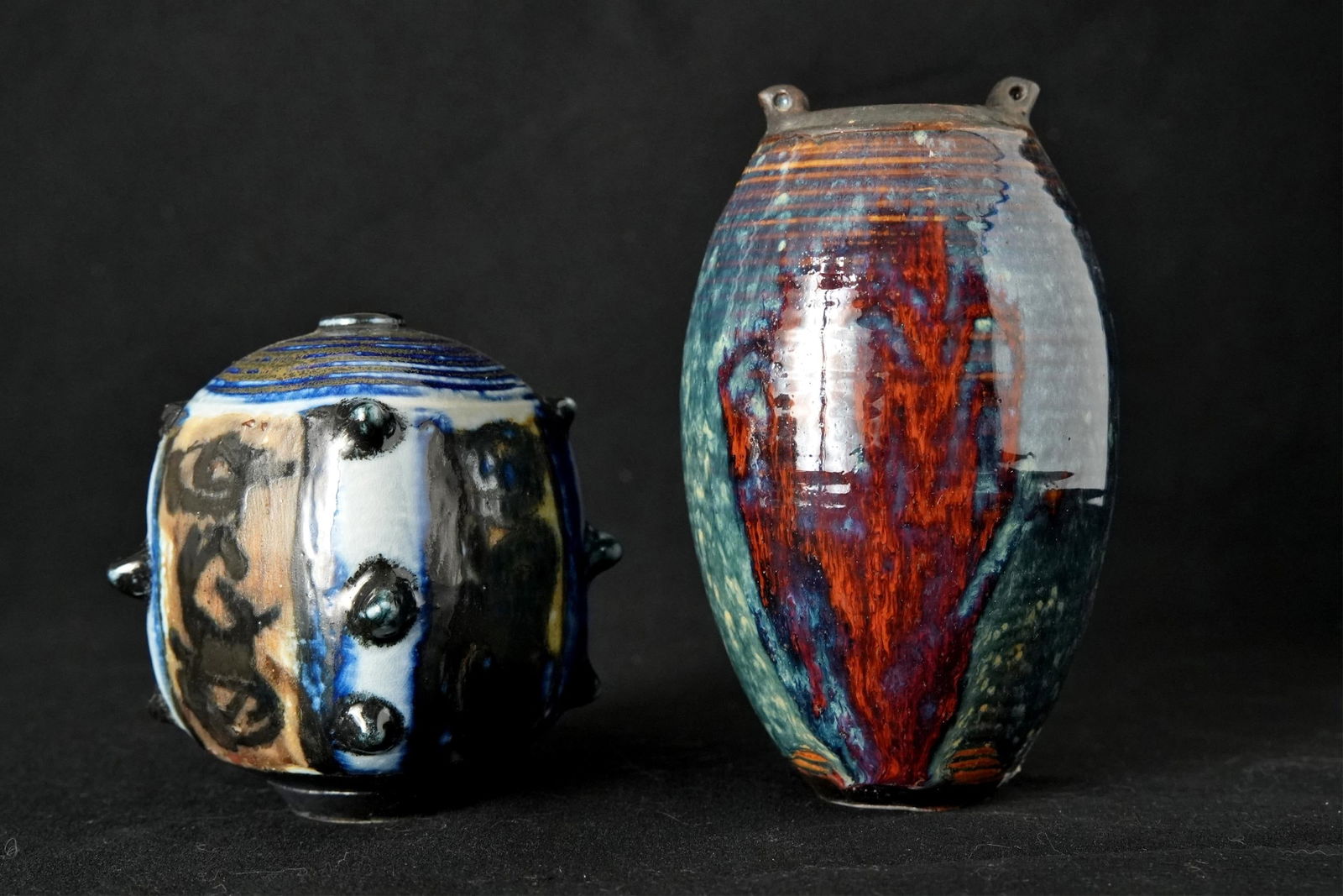 TWO OTTO HEINO BLUE GLAZE CERAMIC