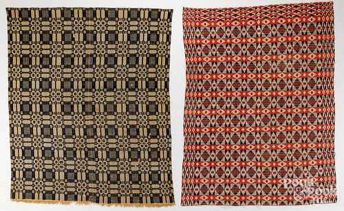 TWO OVERSHOT COVERLETS, MID 19TH