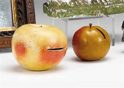 Two painted apple-form banks   