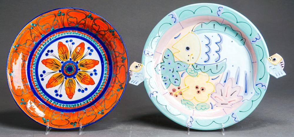 TWO PAINTED CERAMIC DISHES, ONE