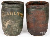 TWO PAINTED LEATHER FIRE BUCKE