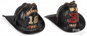 TWO PAINTED LEATHER FIRE HELME
