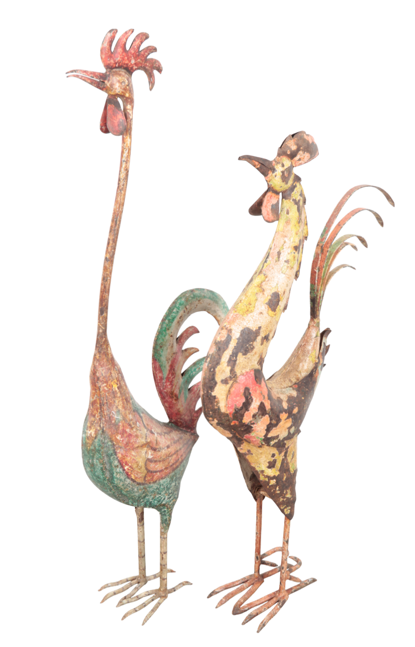 TWO PAINTED METAL COCKERELS both