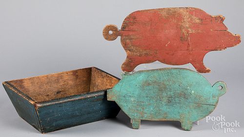 TWO PAINTED PIG CUTTING BOARDS,