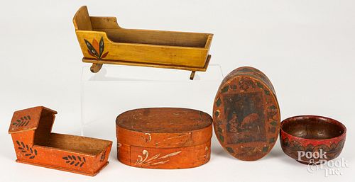 TWO PAINTED PINE MINIATURE CRADLES,
