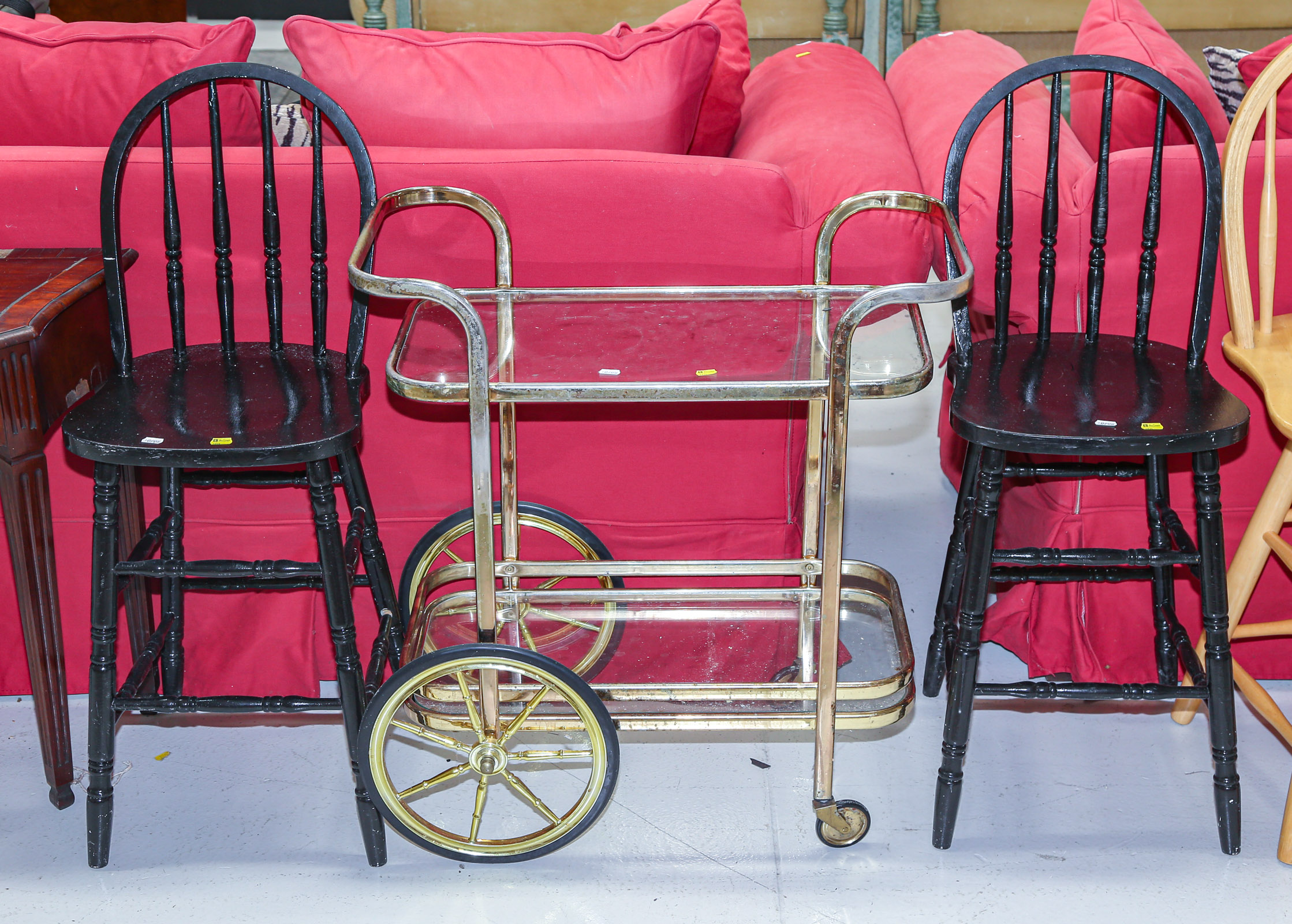 TWO PAINTED WINDSOR STOOLS; METAL &