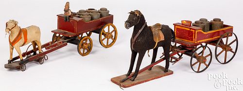 TWO PAINTED WOOD HORSE DRAWN