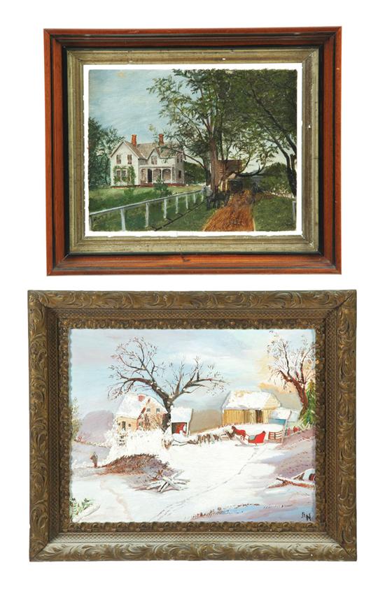 TWO PAINTINGS.  Oil on glass 