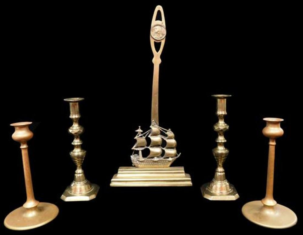 TWO PAIR OF BRASS CANDLESTICKS