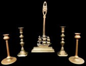 TWO PAIR OF BRASS CANDLESTICKS