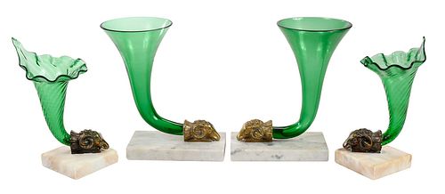 TWO PAIR OF GREEN GLASS RHYTON