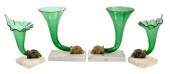 TWO PAIR OF GREEN GLASS RHYTON