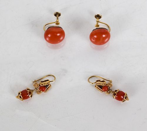 TWO PAIRS 18K GOLD AND CORAL