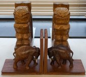 TWO PAIRS CARVED WOOD BOOKENDS