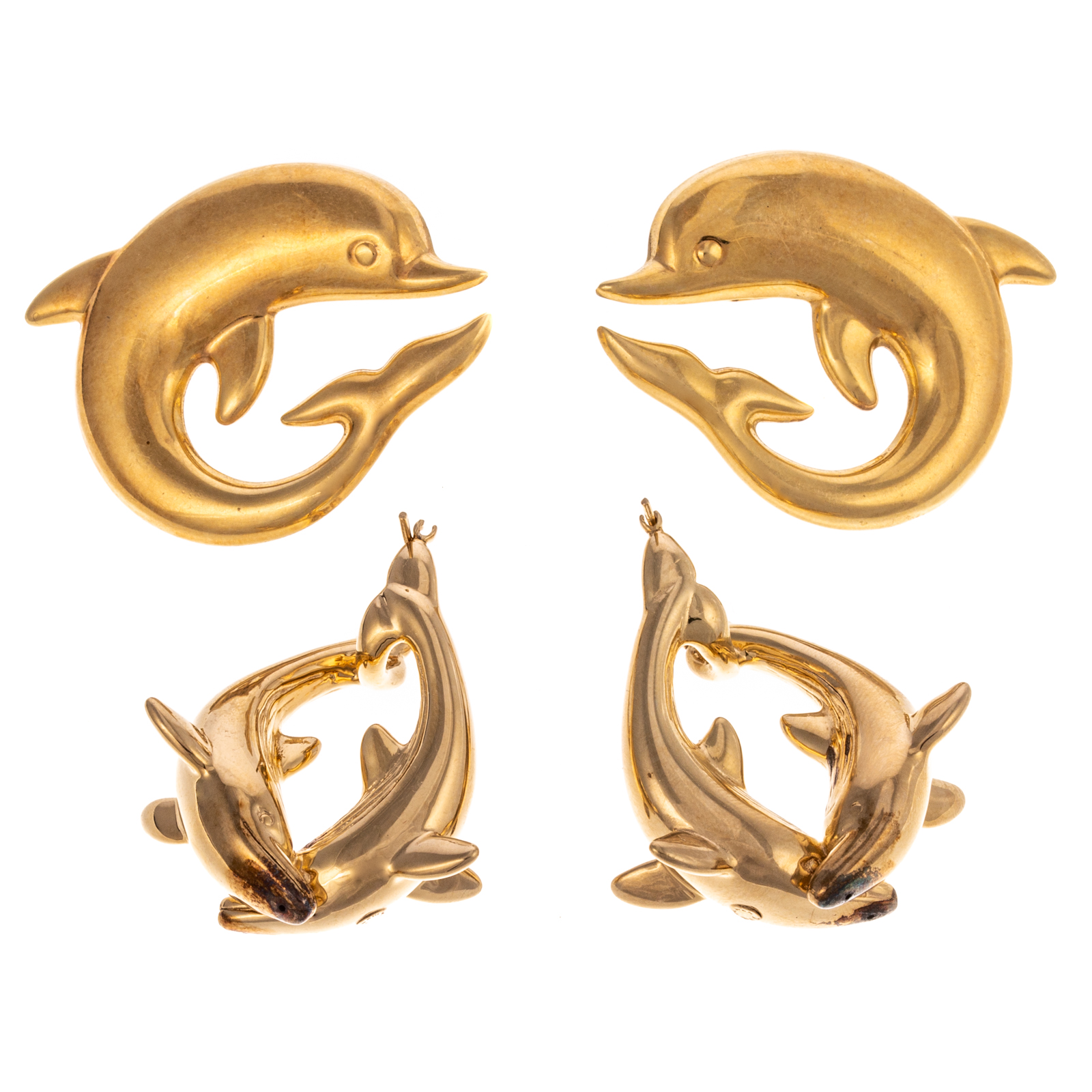 TWO PAIRS OF 14K DOLPHIN EARRINGS