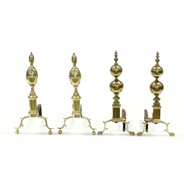 TWO PAIRS OF BRASS ANDIRONS Late