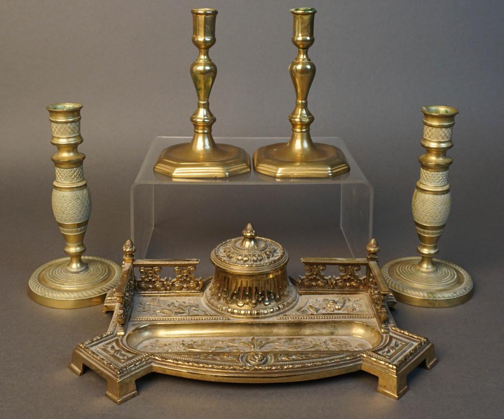 TWO PAIRS OF BRASS CANDLESTICKS AND