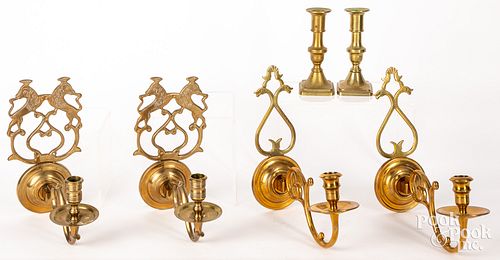TWO PAIRS OF BRASS WALL SCONCES,