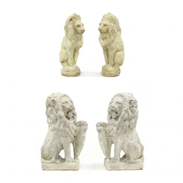 TWO PAIRS OF CAST STONE LIONS