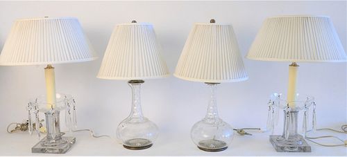 TWO PAIRS OF CUT GLASS TABLE LAMPS;